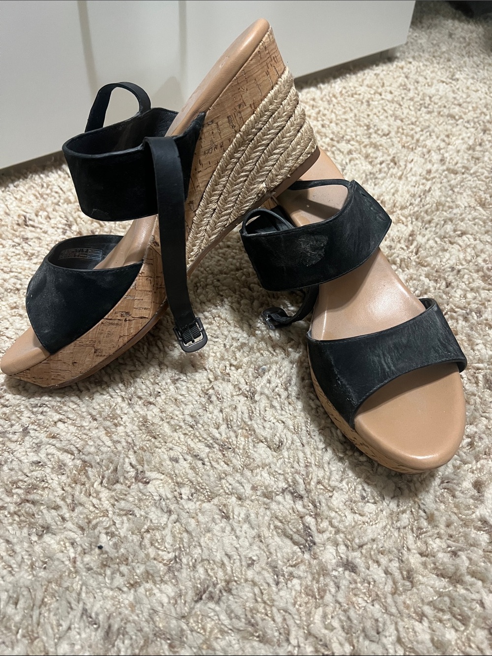 UGG Black Suede Cork Espadrille Wedge Sandals